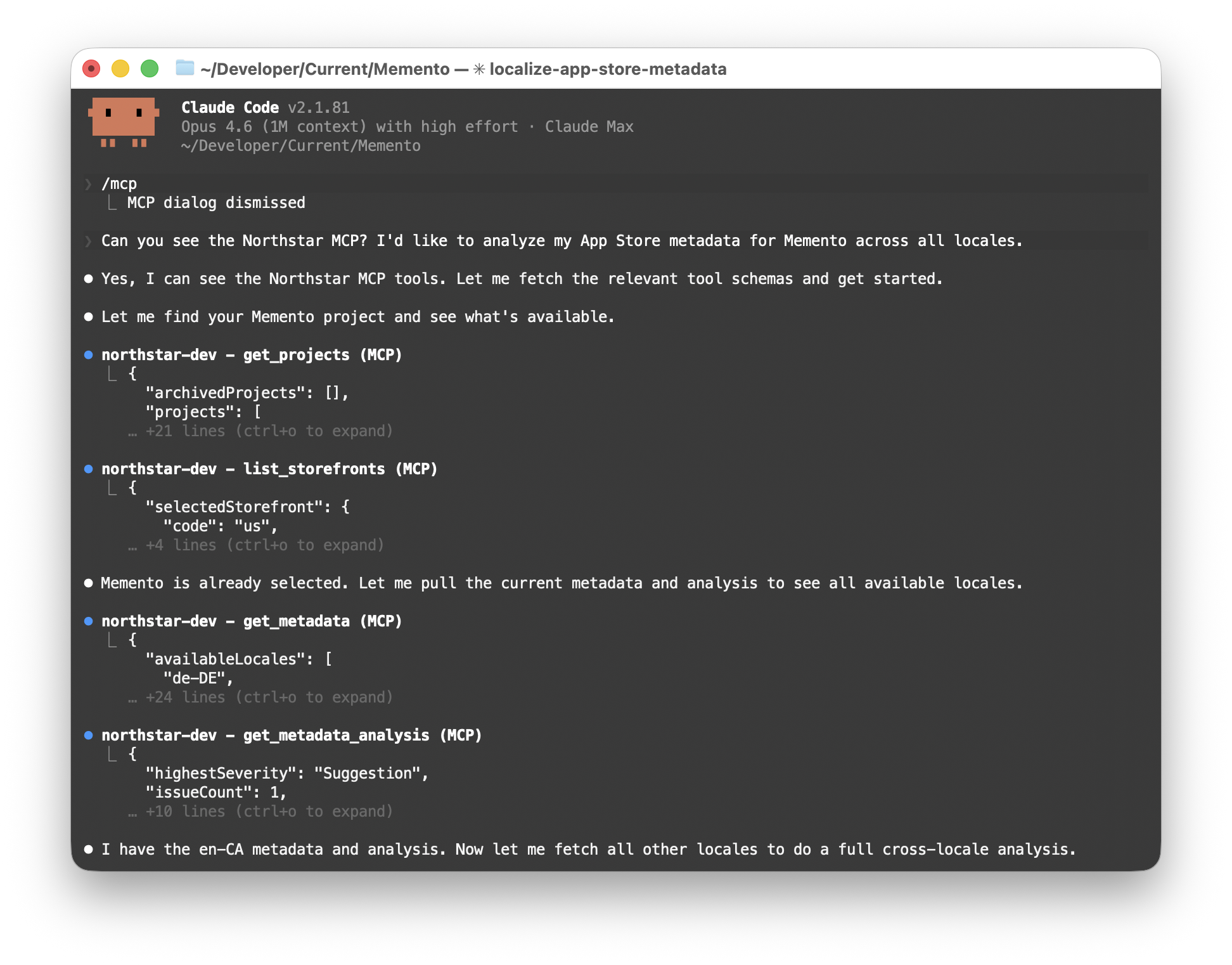 Claude Code connecting to Northstar MCP and fetching project data