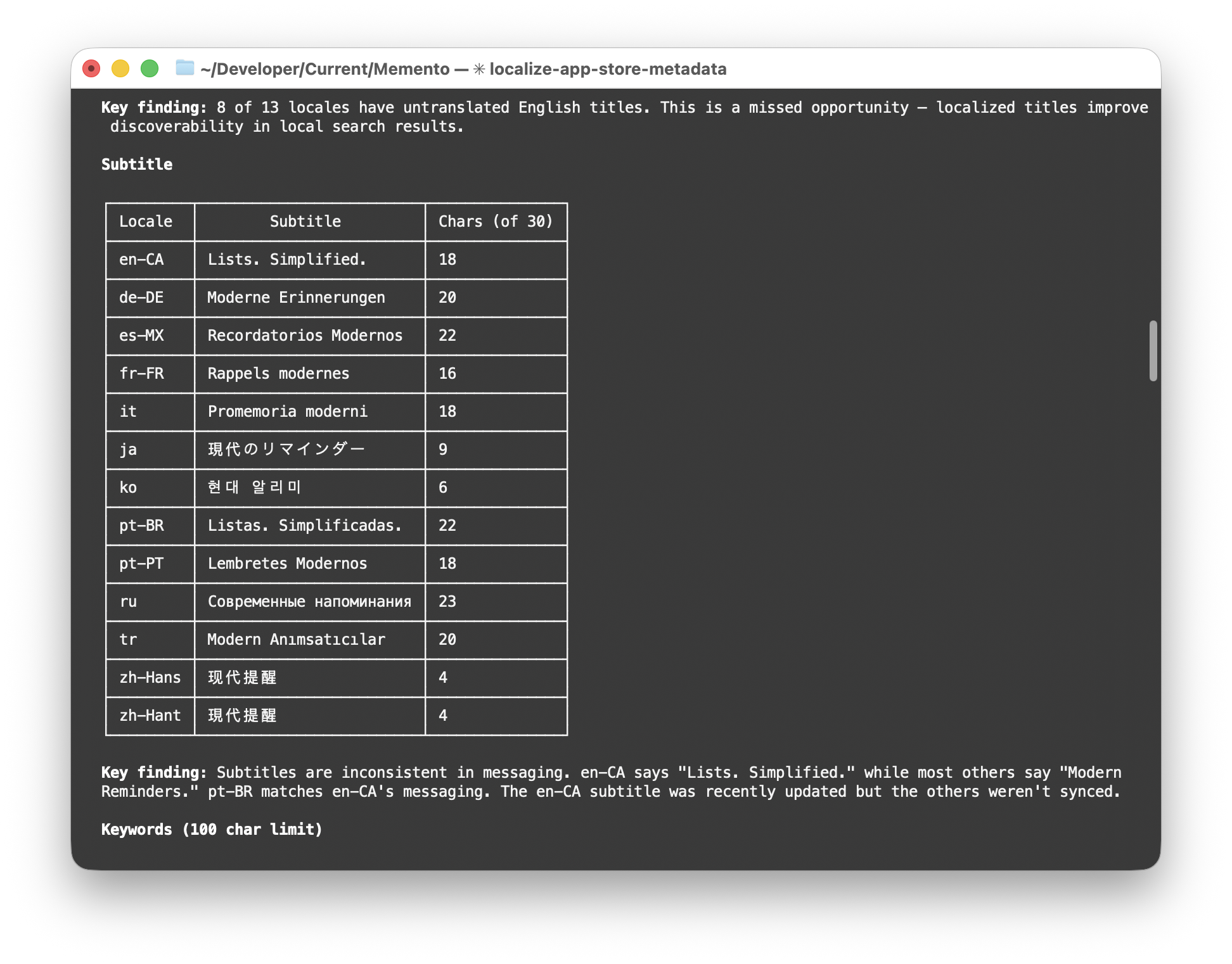 Cross-locale subtitle analysis showing all localizations